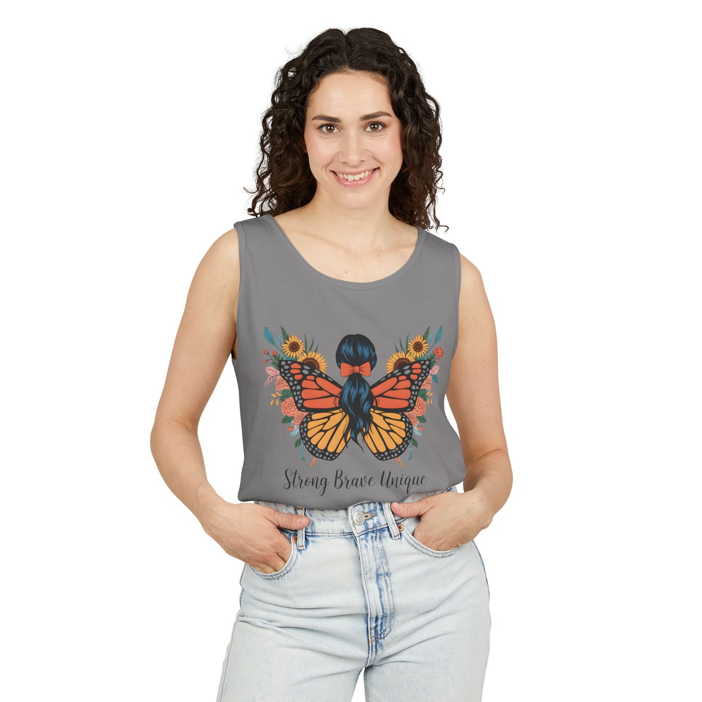 Butterfly Woman Tank Top — "Strong Brave Unique" Inspirational Graphic Tank