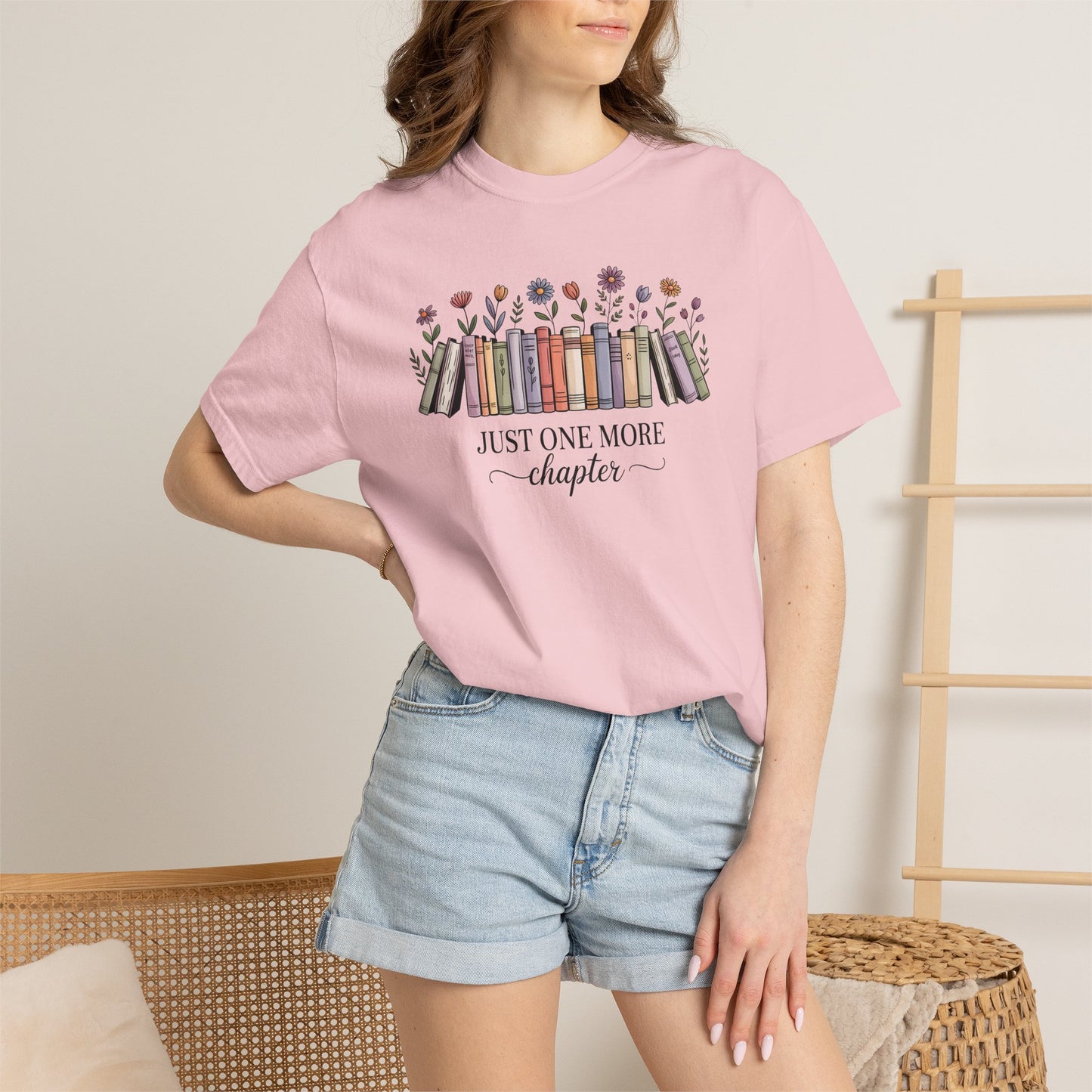 Book Lover T-Shirt — "Just One More Chapter" Floral Bookshelf Tee