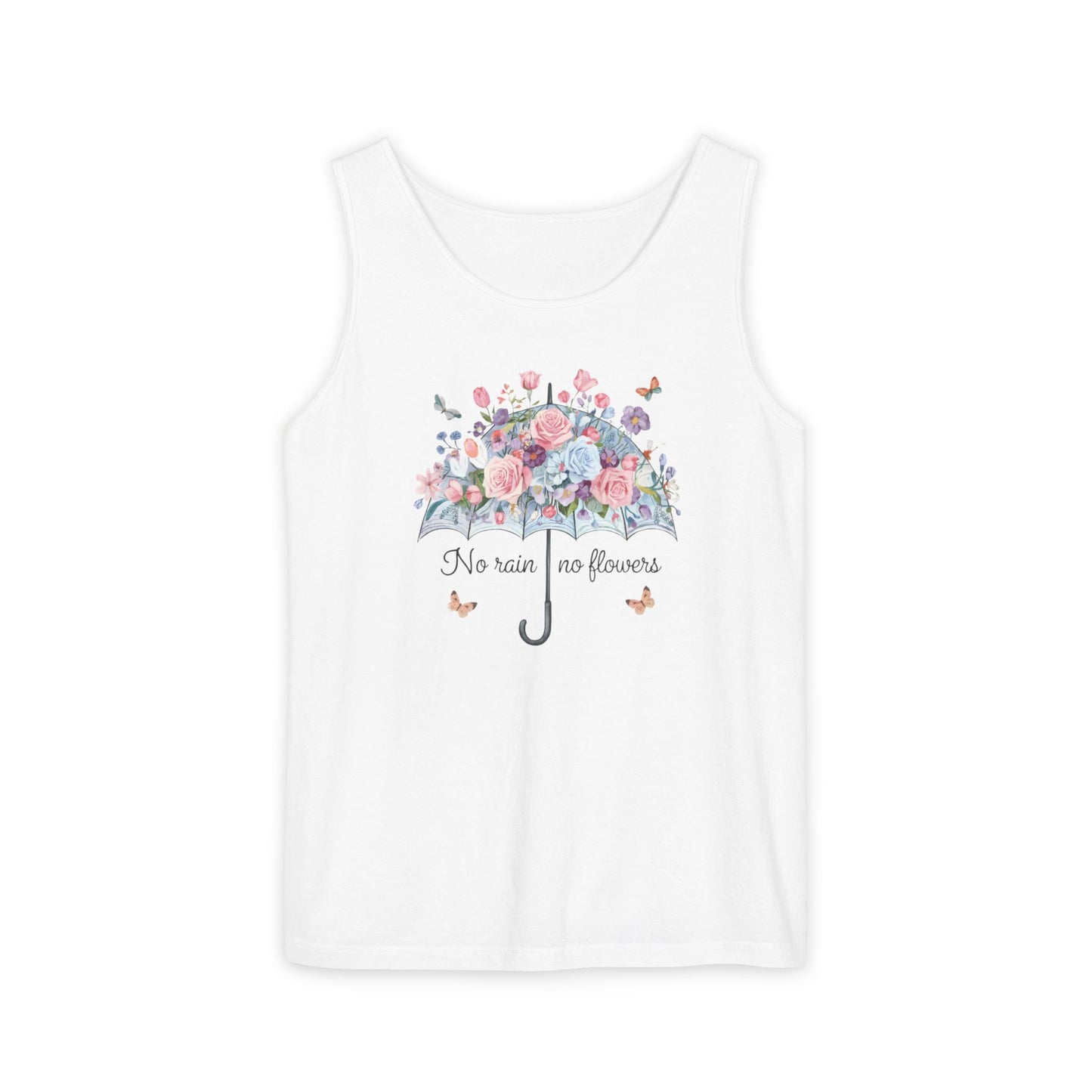 Floral Umbrella Tank Top — "No Rain No Flowers" Spring Graphic Tank
