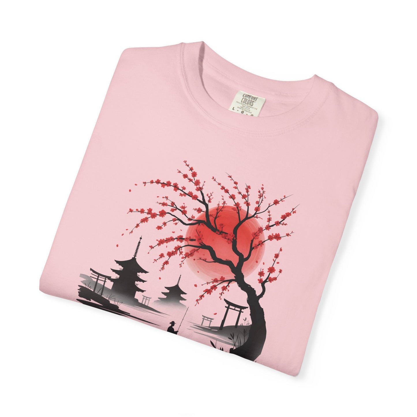 Japanese Landscape T-Shirt — Cherry Blossom, Red Sun & Pagoda Graphic
