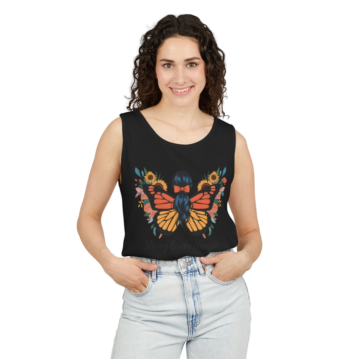 Butterfly Woman Tank Top — "Strong Brave Unique" Inspirational Graphic Tank
