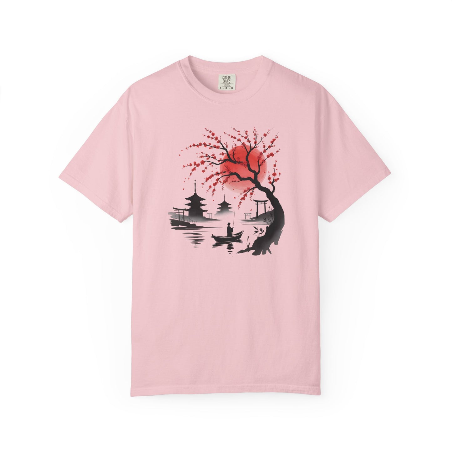 Japanese Landscape T-Shirt — Cherry Blossom, Red Sun & Pagoda Graphic