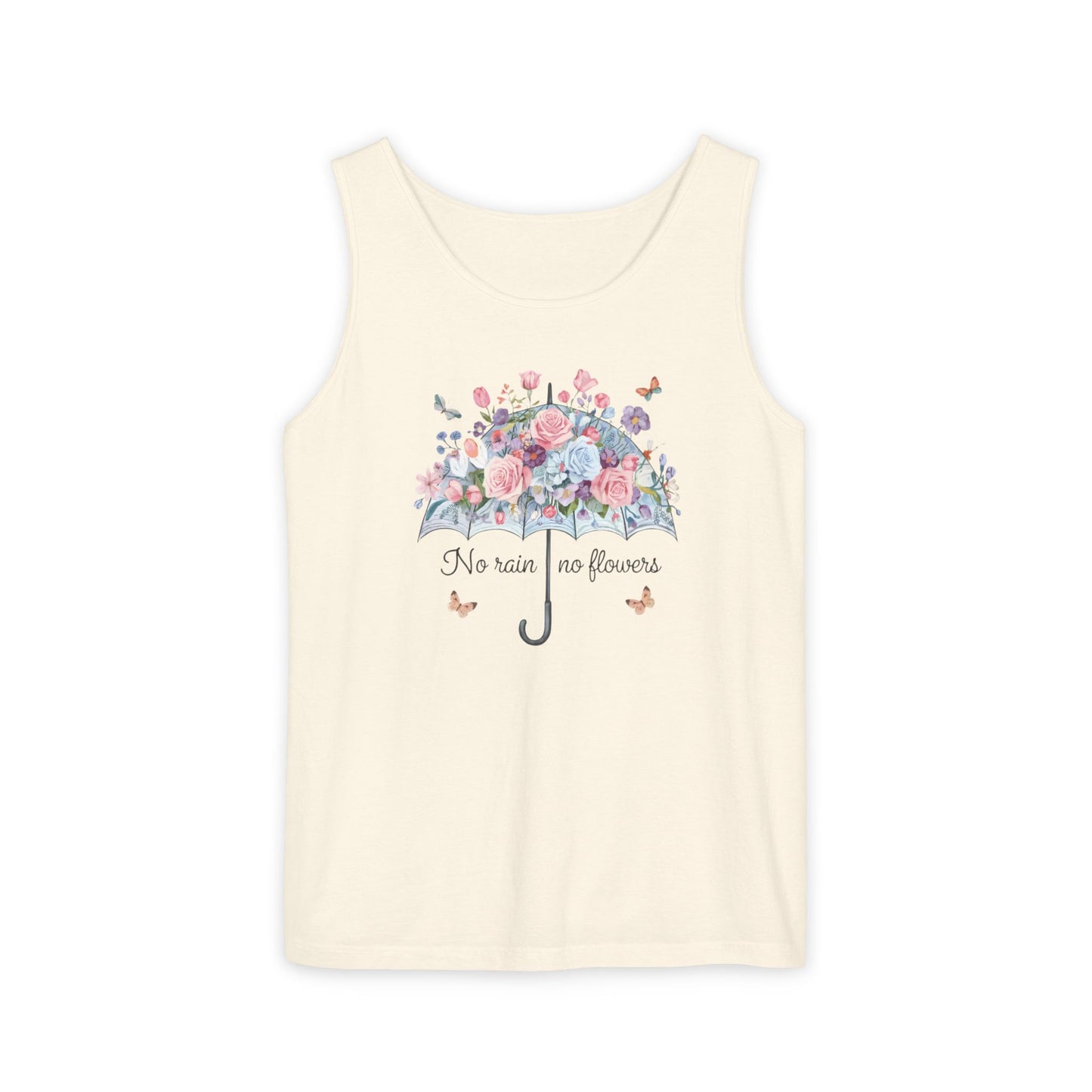 Floral Umbrella Tank Top — "No Rain No Flowers" Spring Graphic Tank