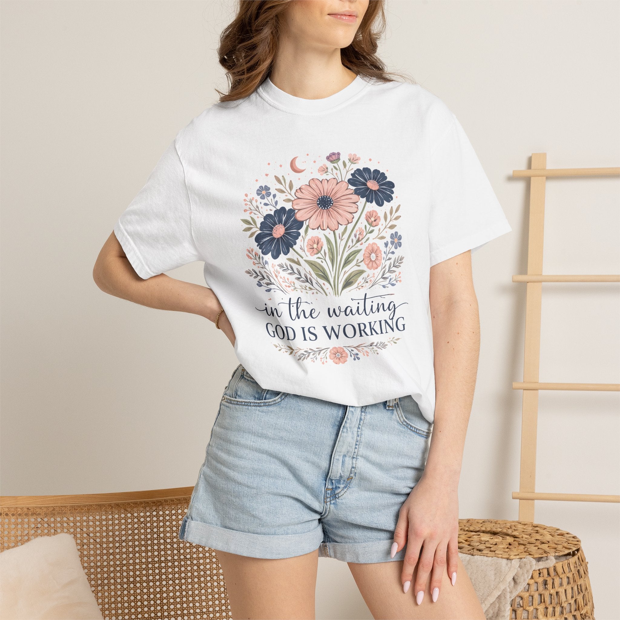 Christian Floral T-Shirt — "In the Waiting God Is Working" Inspirational Faith Tee