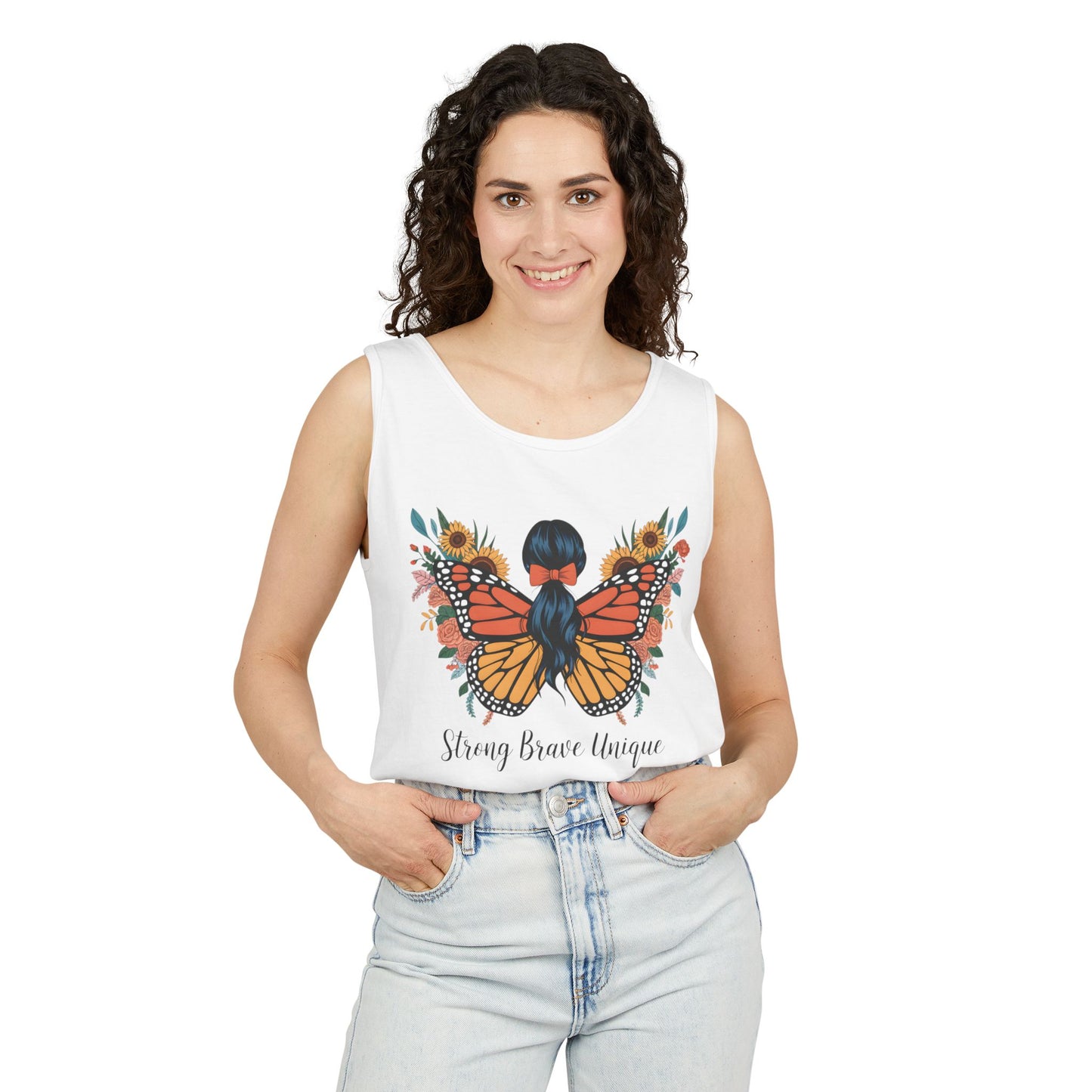Butterfly Woman Tank Top — "Strong Brave Unique" Inspirational Graphic Tank