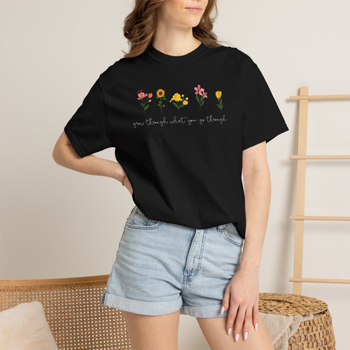 Floral Lineup T-Shirt — "Grow through what you go through" Garden Quote Tee