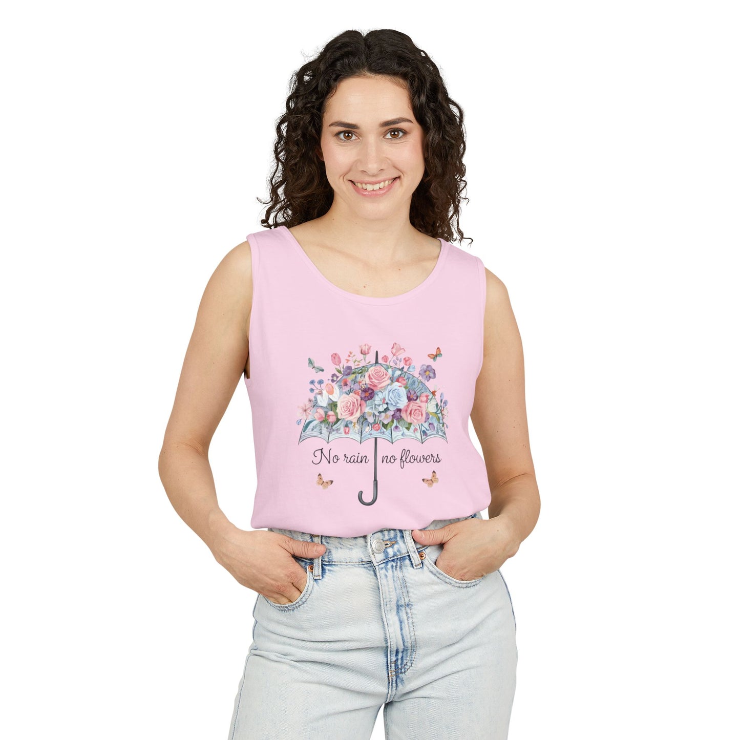 Floral Umbrella Tank Top — "No Rain No Flowers" Spring Graphic Tank