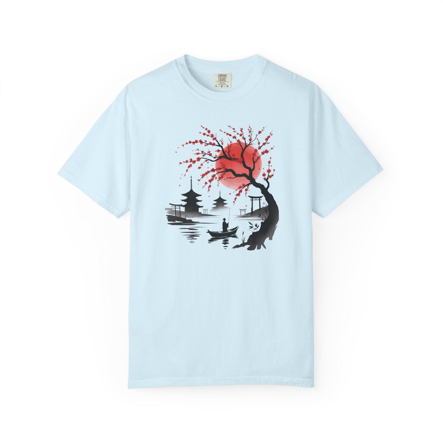Japanese Landscape T-Shirt — Cherry Blossom, Red Sun & Pagoda Graphic