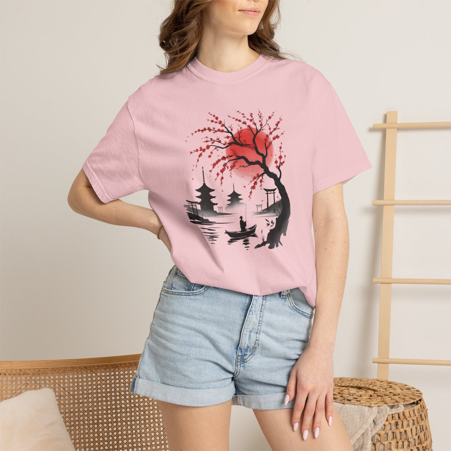 Japanese Landscape T-Shirt — Cherry Blossom, Red Sun & Pagoda Graphic