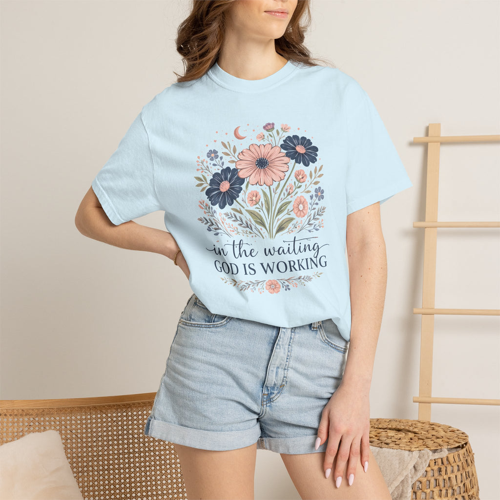 Christian Floral T-Shirt — "In the Waiting God Is Working" Inspirational Faith Tee