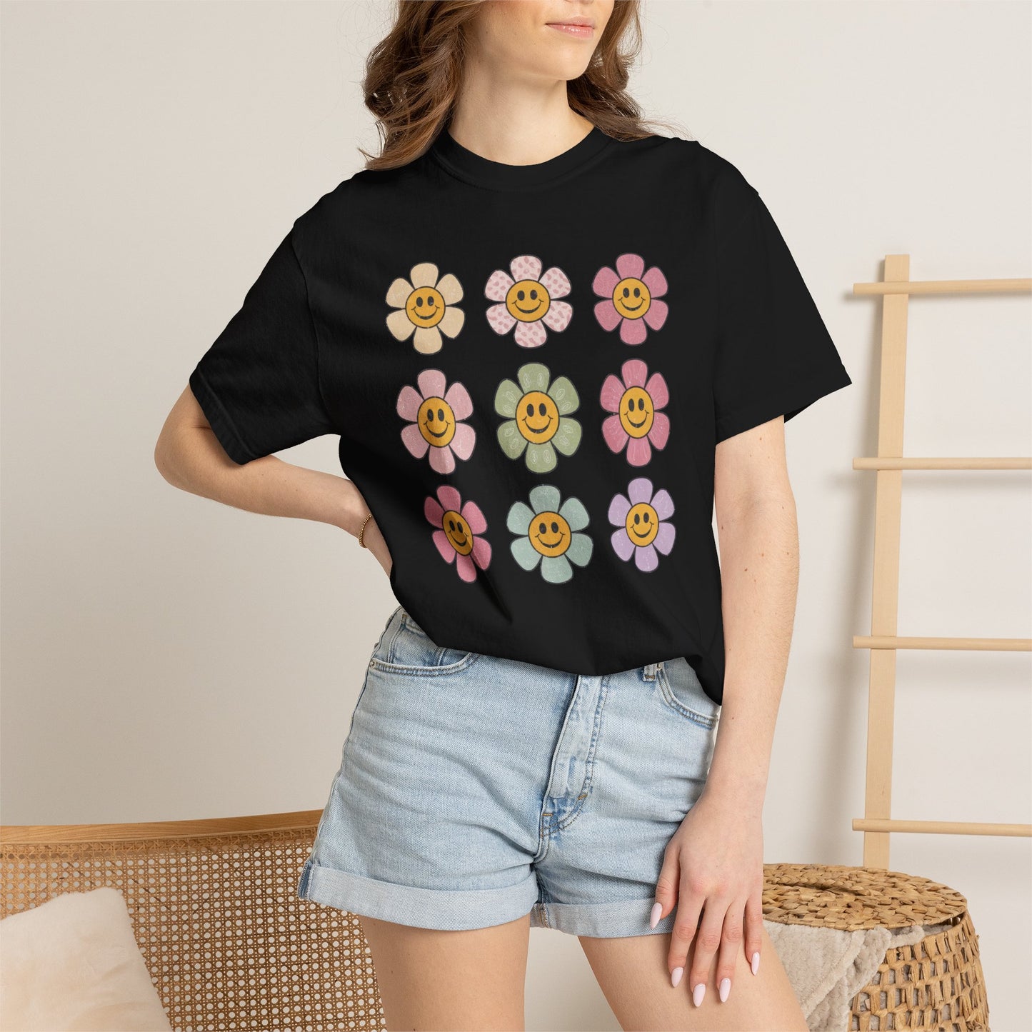 Smiling Retro Flower Grid T-Shirt — Cute Vintage Floral Tee