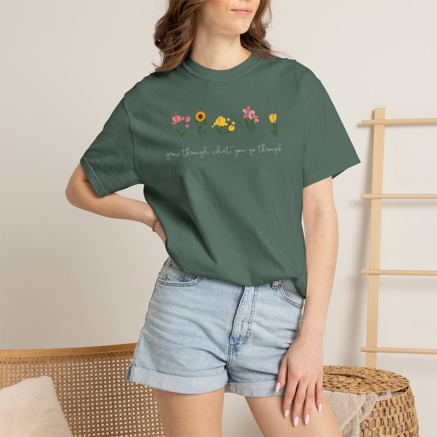 Floral Lineup T-Shirt — "Grow through what you go through" Garden Quote Tee