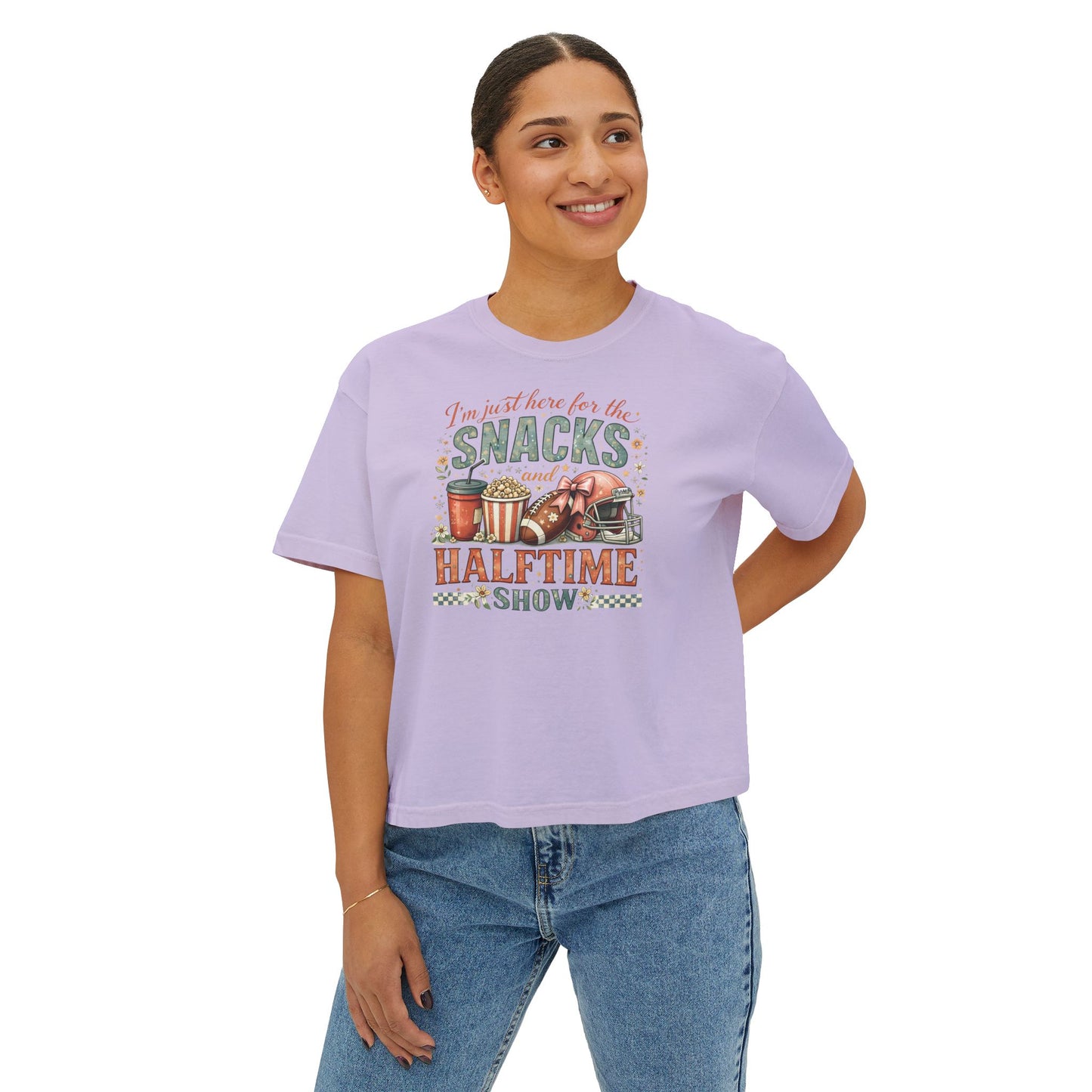 Snacks and Halftime Show Tee — Women's Boxy Football Game Day Shirt