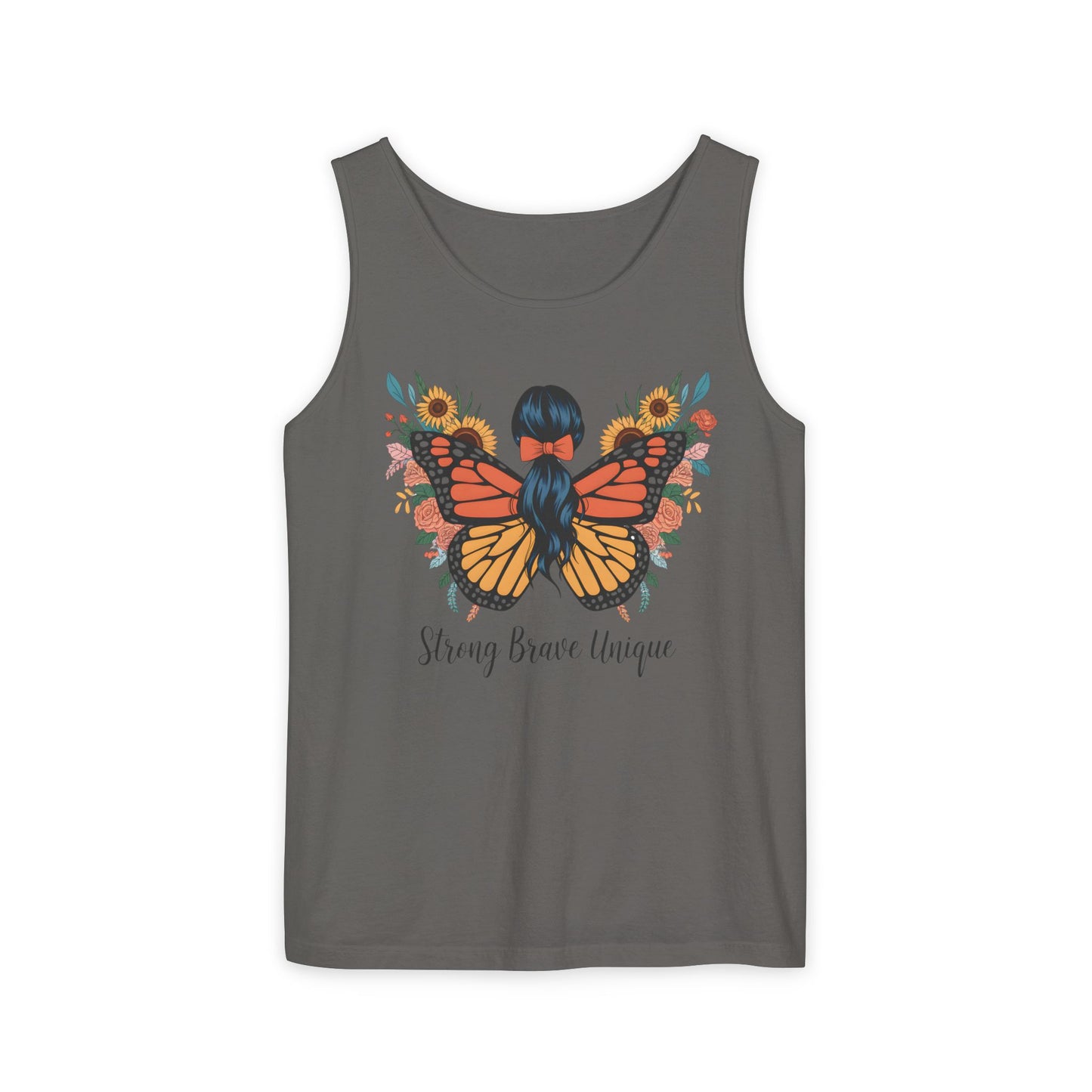 Butterfly Woman Tank Top — "Strong Brave Unique" Inspirational Graphic Tank