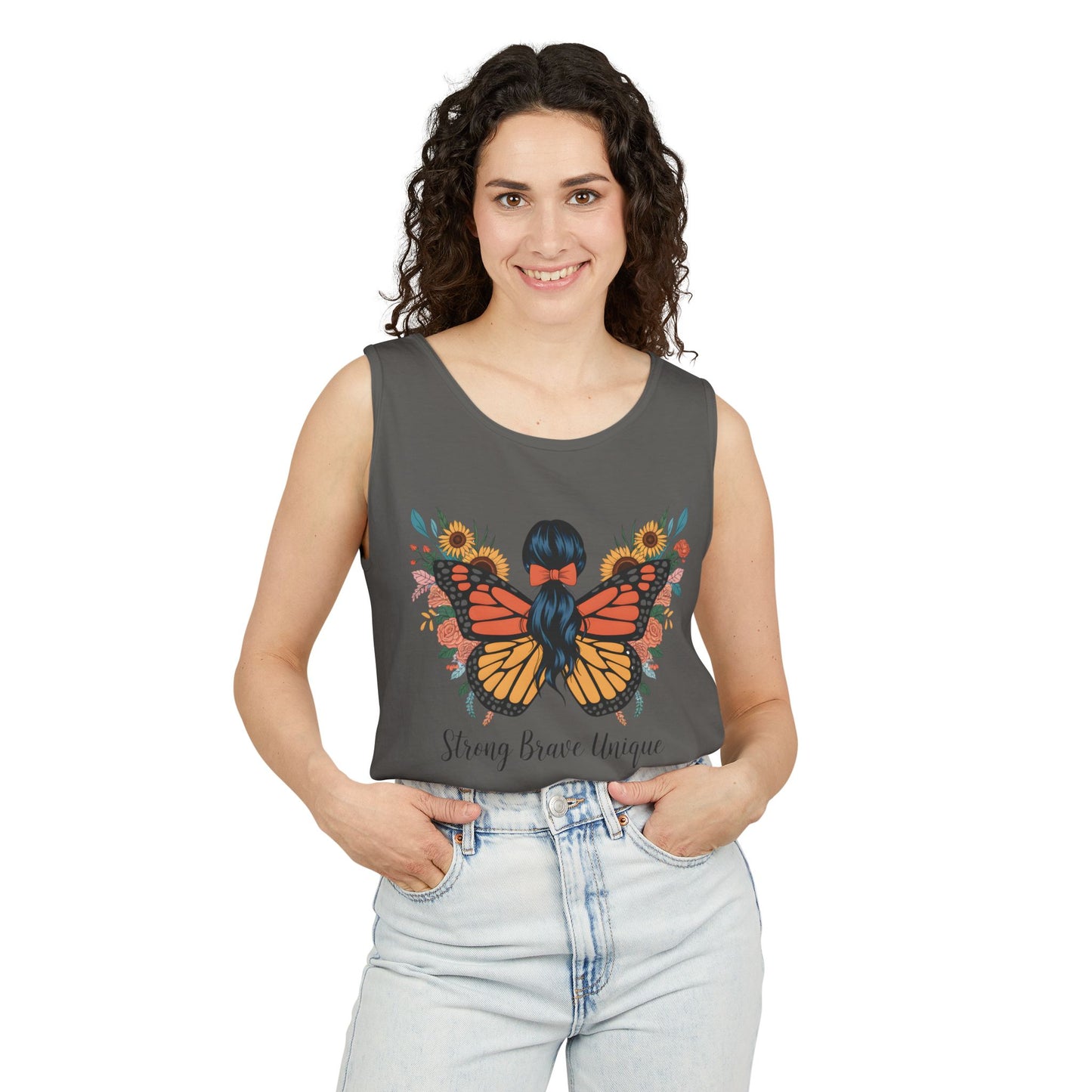 Butterfly Woman Tank Top — "Strong Brave Unique" Inspirational Graphic Tank