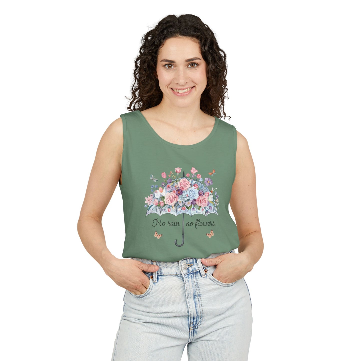 Floral Umbrella Tank Top — "No Rain No Flowers" Spring Graphic Tank