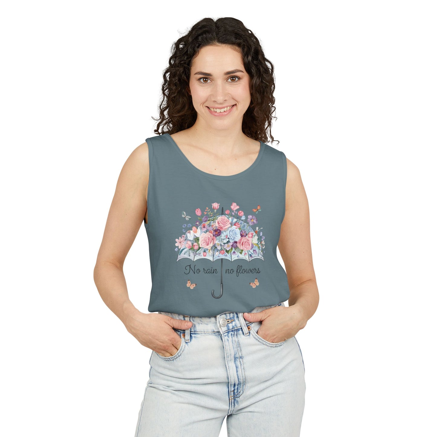 Floral Umbrella Tank Top — "No Rain No Flowers" Spring Graphic Tank