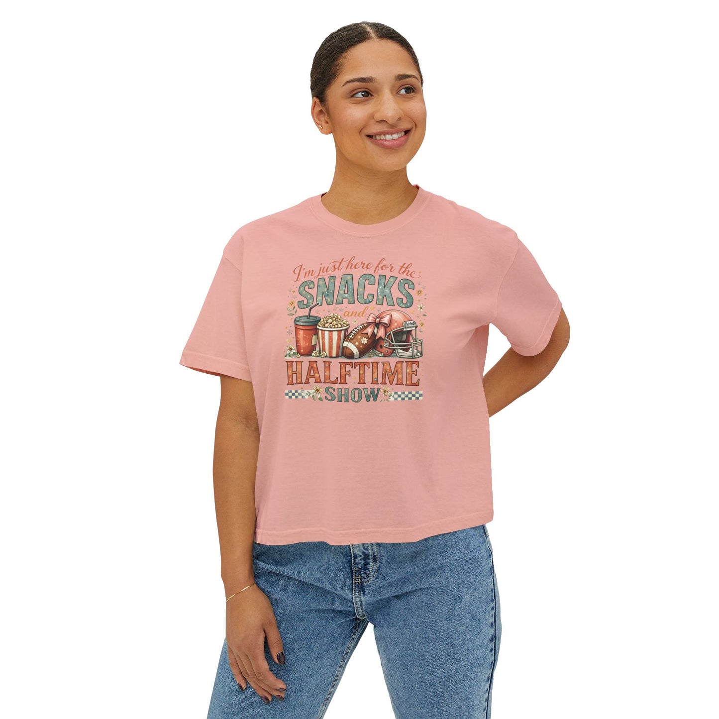 Snacks and Halftime Show Tee — Women's Boxy Football Game Day Shirt