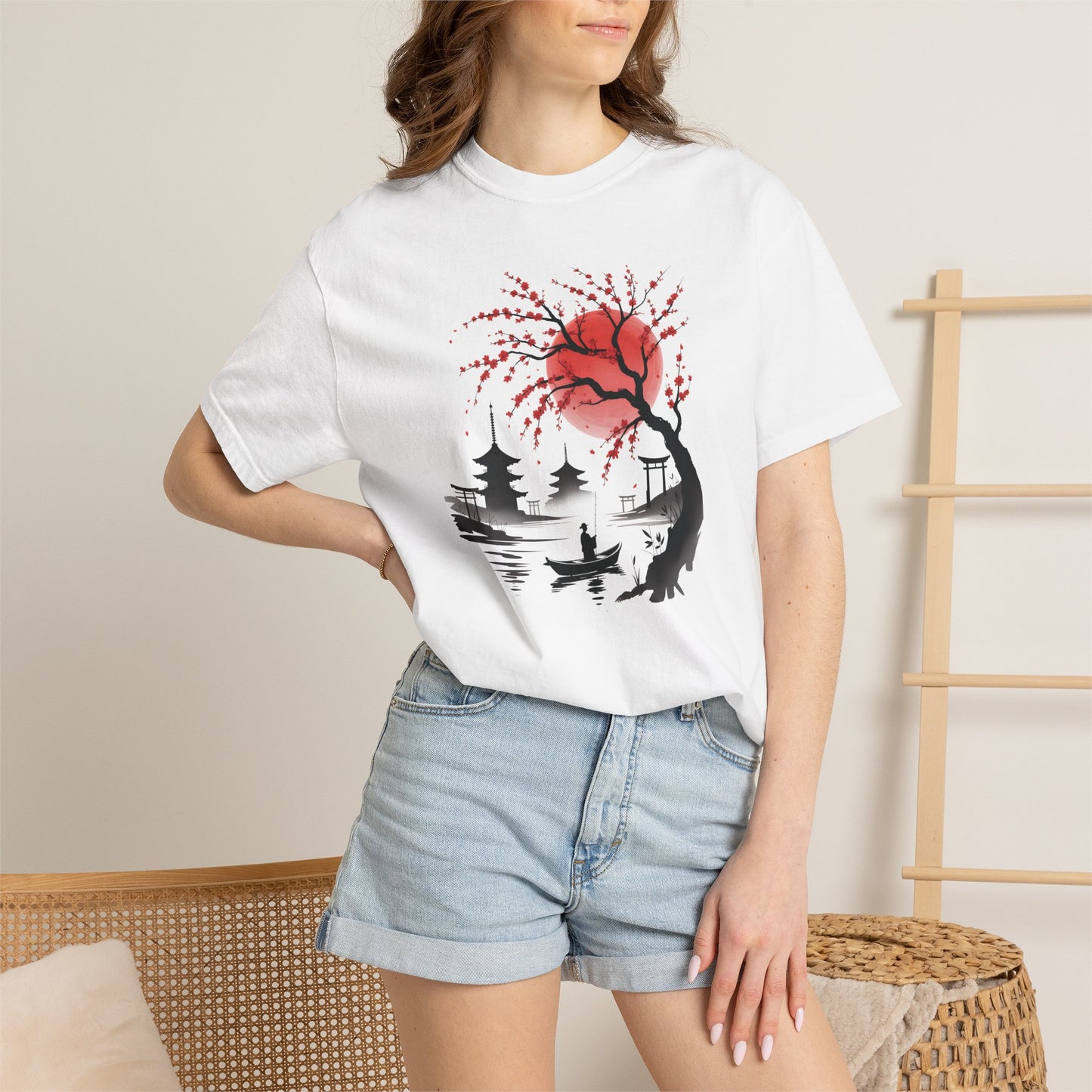Japanese Landscape T-Shirt — Cherry Blossom, Red Sun & Pagoda Graphic