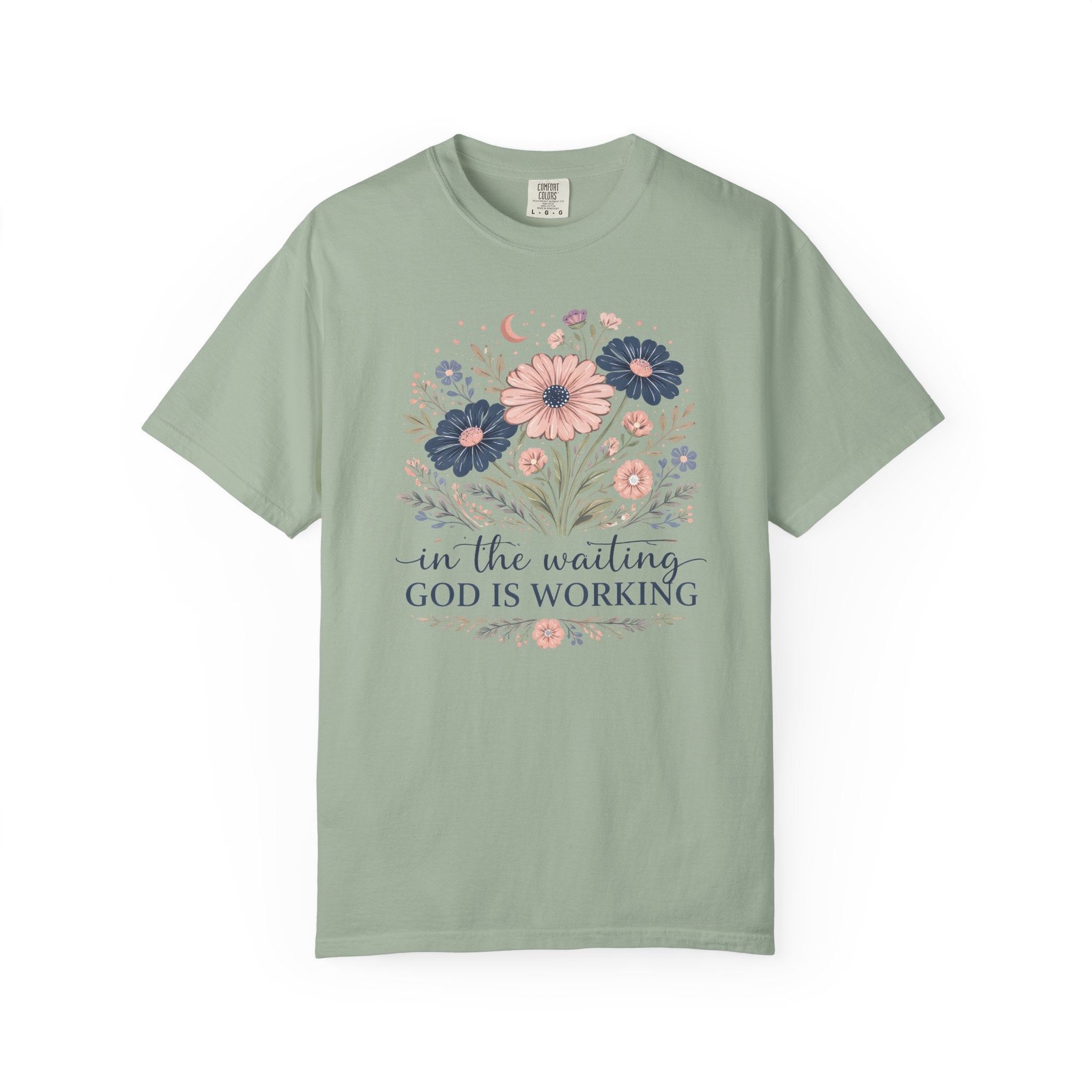 Christian Floral T-Shirt — "In the Waiting God Is Working" Inspirational Faith Tee