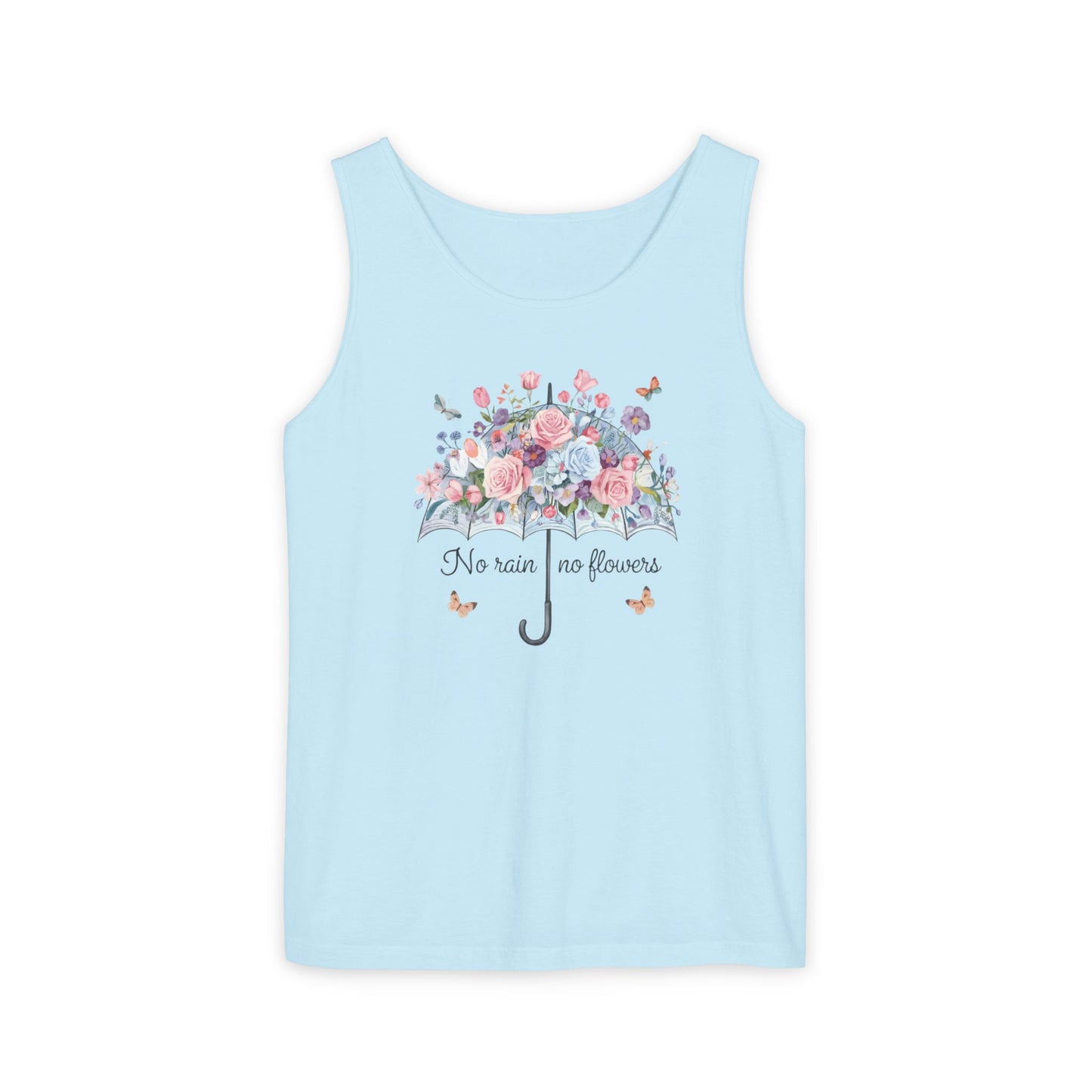 Floral Umbrella Tank Top — "No Rain No Flowers" Spring Graphic Tank