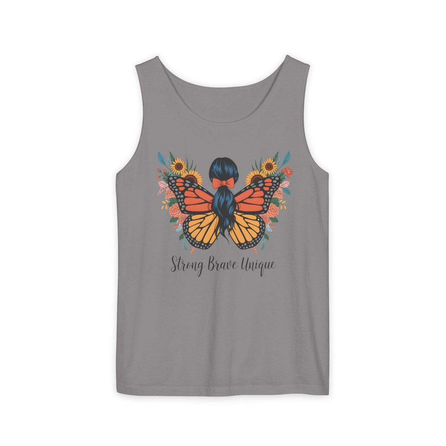 Butterfly Woman Tank Top — "Strong Brave Unique" Inspirational Graphic Tank