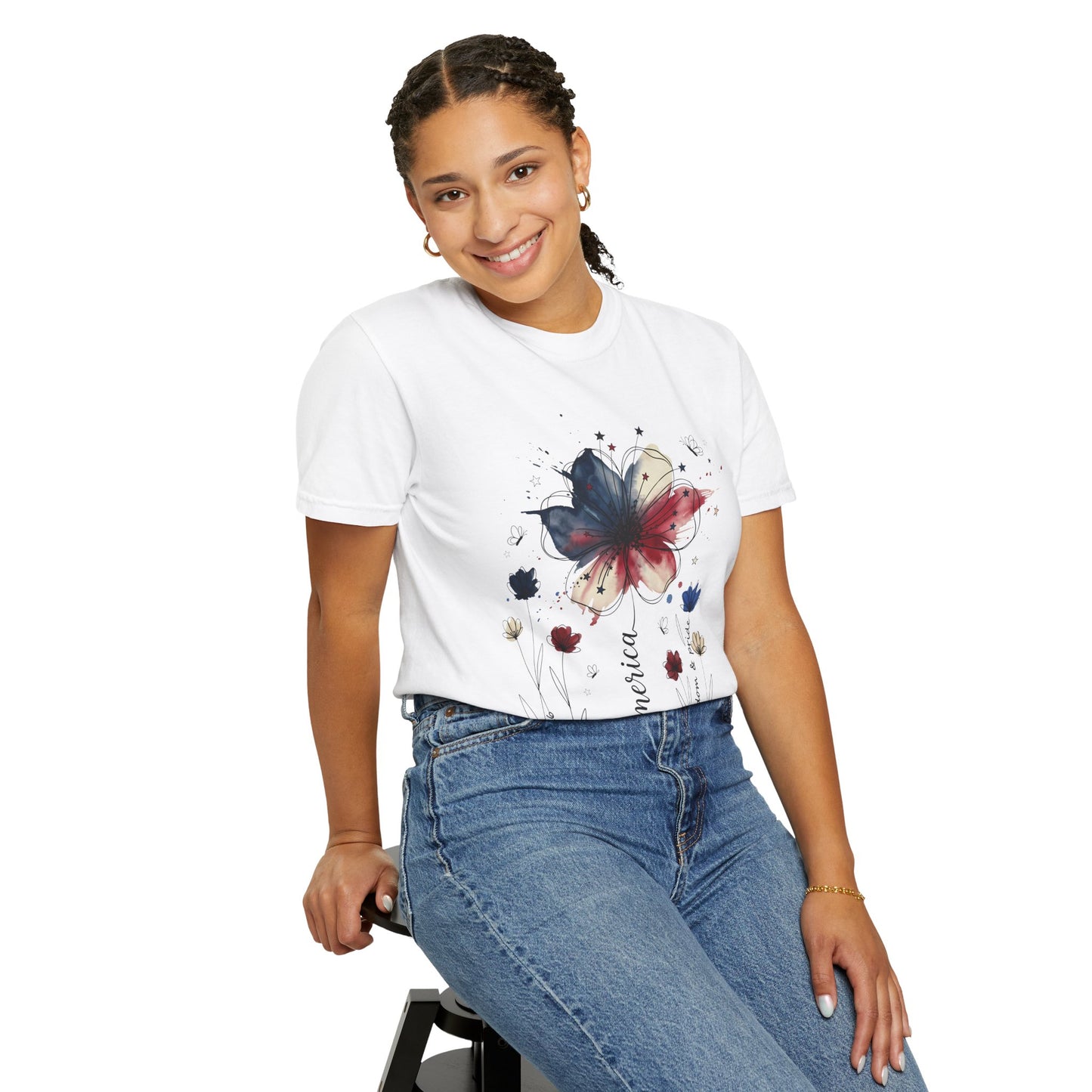 Patriotic Watercolor Flower T-Shirt — America Floral Graphic Tee